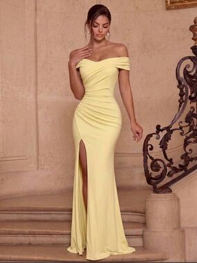 Off-Shoulder Yellow Evening Gown with Front Slit